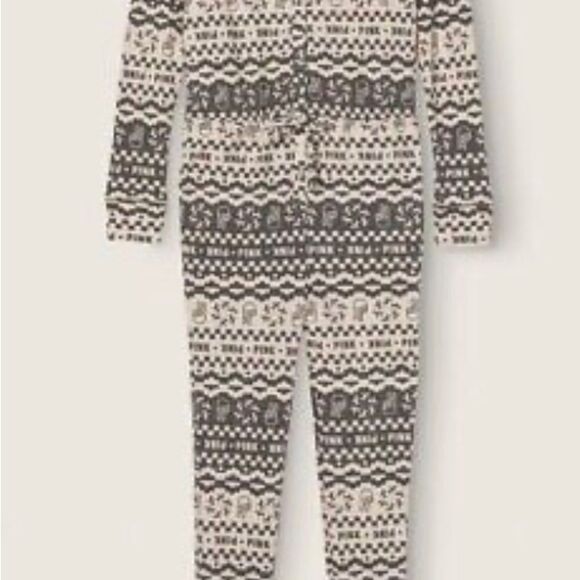 NWT Victoria's Secret PINK Thermal Sleep One Piece Pajama Black Fair Isle - Picture 2 of 13